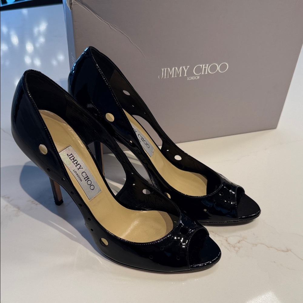 Jimmy Choo Glossy Black Patent Peep Toe Heels